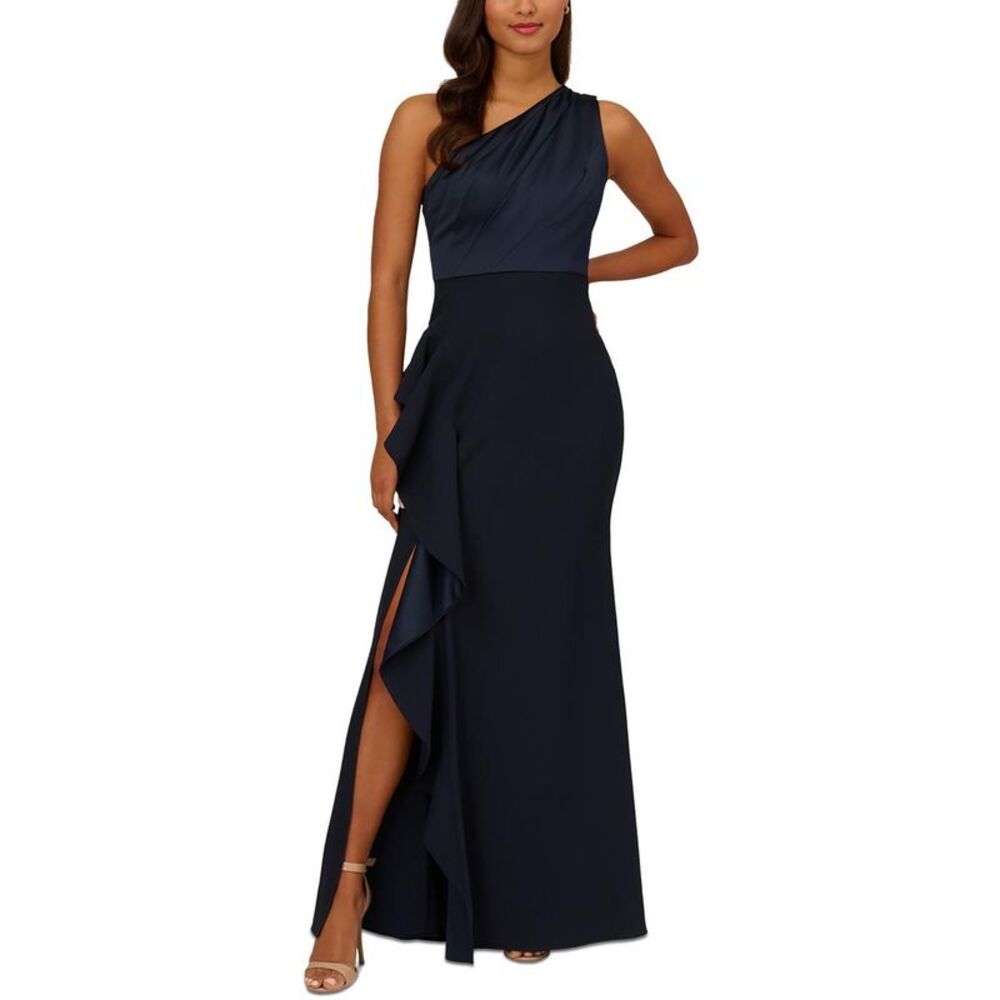 Adrianna Papell Womens Navy Pleated Ruffle Formal Evening Dress Gown NWT